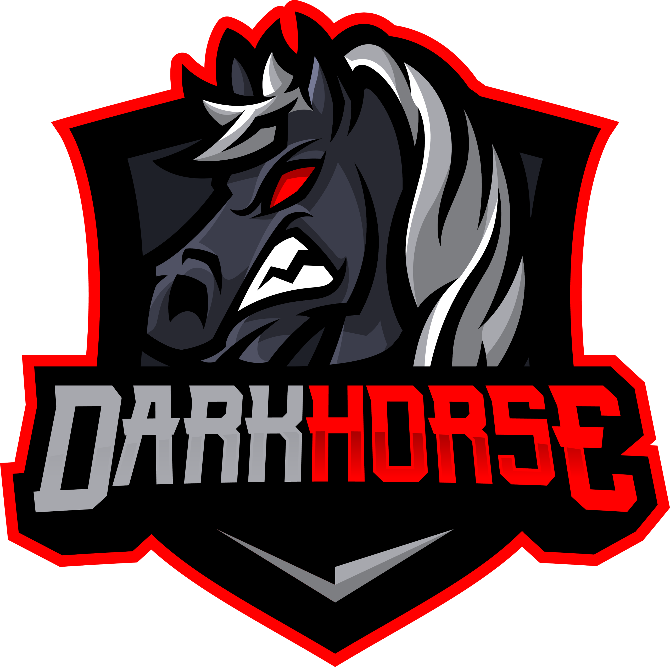Black fierce horse with the text Dark Horse in black and Red